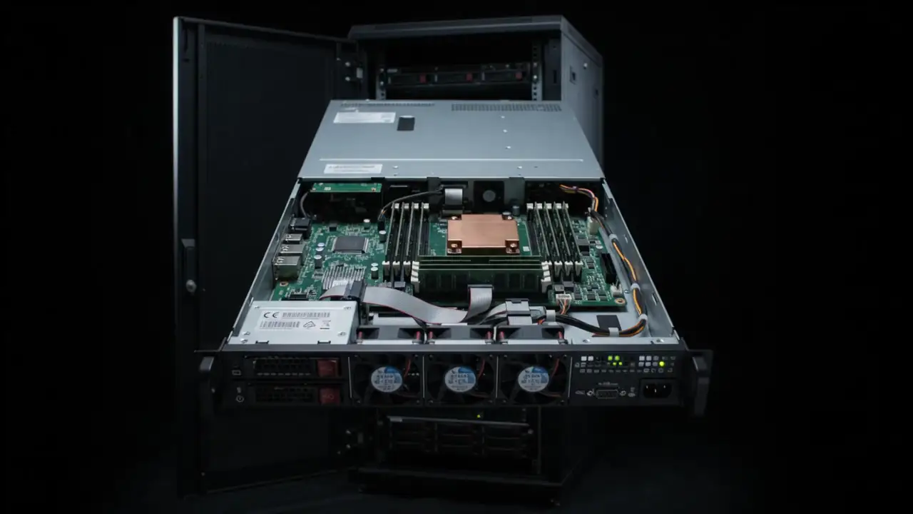Un armadio rack aperto, con un server estratto e il coperchio sollevato